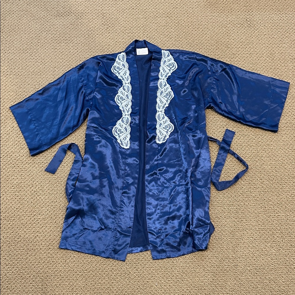 Vintage California Dynasty 2-pc Lingerie & Robe Set Large Navy Blue Lace Satin - Picture 12 of 17